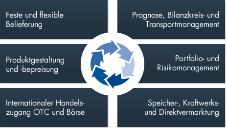 Schaubild mit ehw-Logo in der Mitte und drei Boxen untereinander links und drei Boxen untereinander rechts. Links steht untereinander: Box 1: Feste und flexible Belieferung Box 2: Produktgestaltung und -bepreisung Box 3: Internationaler Handelszugang OTC und Börse Rechts steht untereinander: Box 1: Prognose, Bilanzkreis- und Transportmanagement Box 2: Portfolio- und Risikomanagement Box: 3 Speicher-, Kraftwerks- und Direktvermarktung