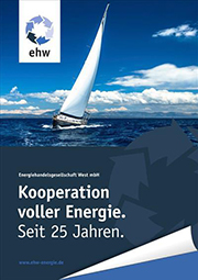 Das Cover der Broschüre der ehw mit Meer und Segelboot und dem Titel: "Kooperation voller Energie. Seit 25 Jahren.
